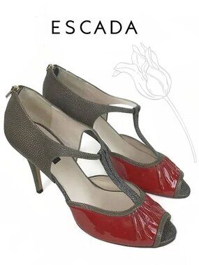 ESCADA d'ORSAY Red Patent & Stingra Peep Toe Mary Jane Heels